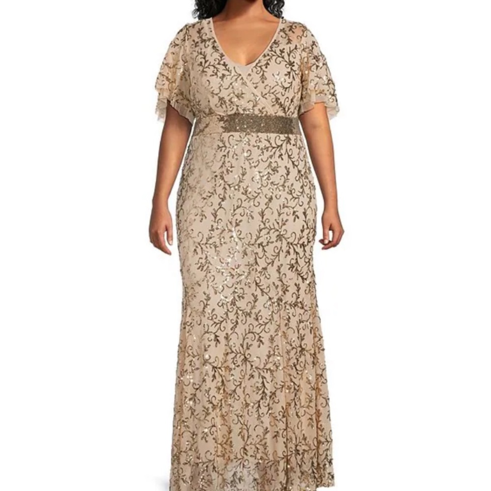 Godet Skirt V-Neck Short Flutter Sleeve Sequin Power Mesh Dress